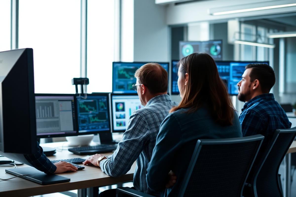 Equipe técnica discutindo um projeto de engenharia em frente a telas