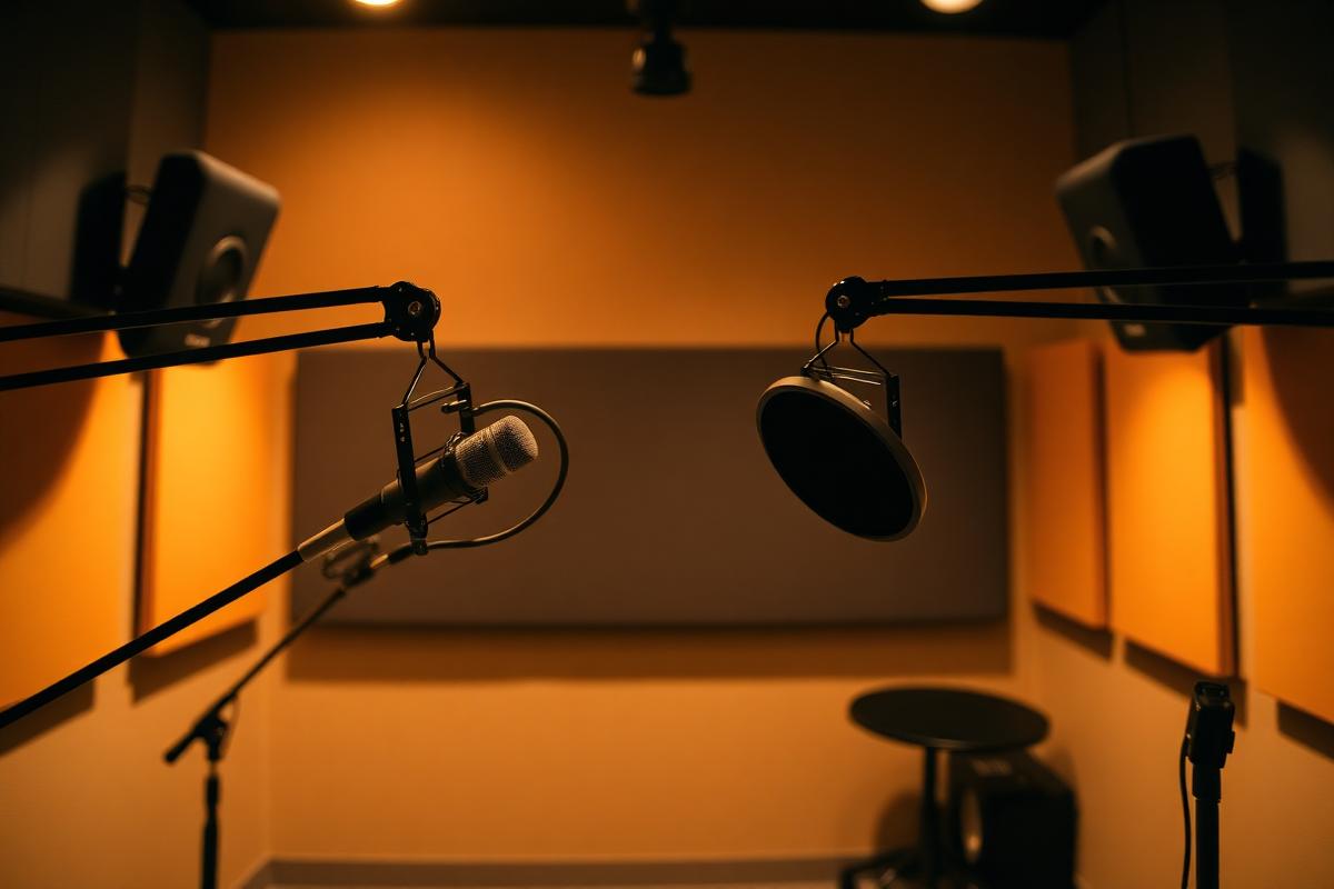 Estúdio de podcast com microfones profissionais preparados para gravação