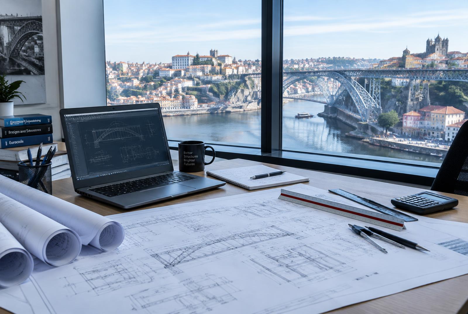 Mesa de proyecto con dibujos técnicos y vista a una ciudad europea