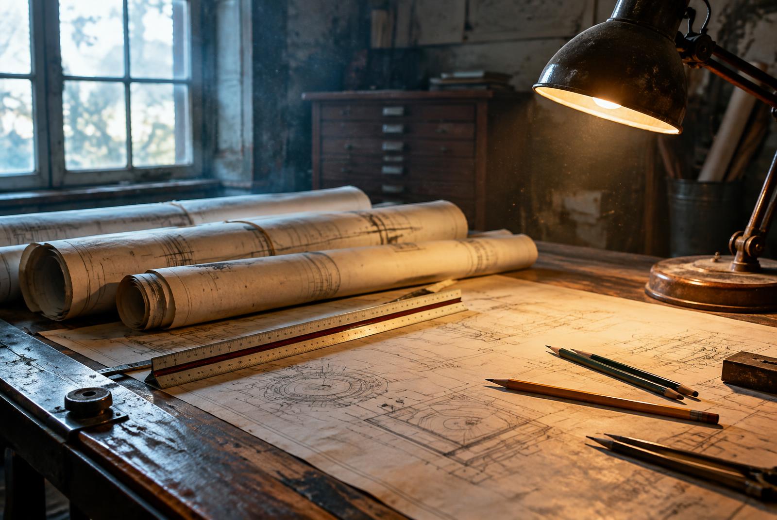 Technical drawing table with rolled blueprints and drafting instruments