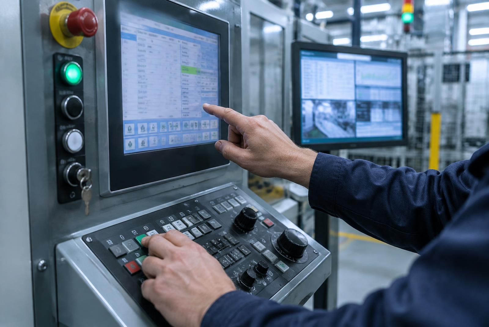 Operator interacts with an industrial control panel in a factory
