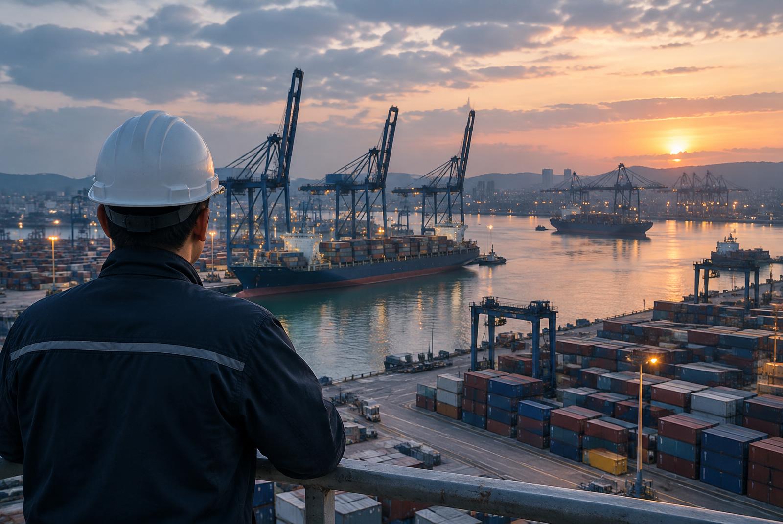 Engineer observes port operation with cranes at dusk