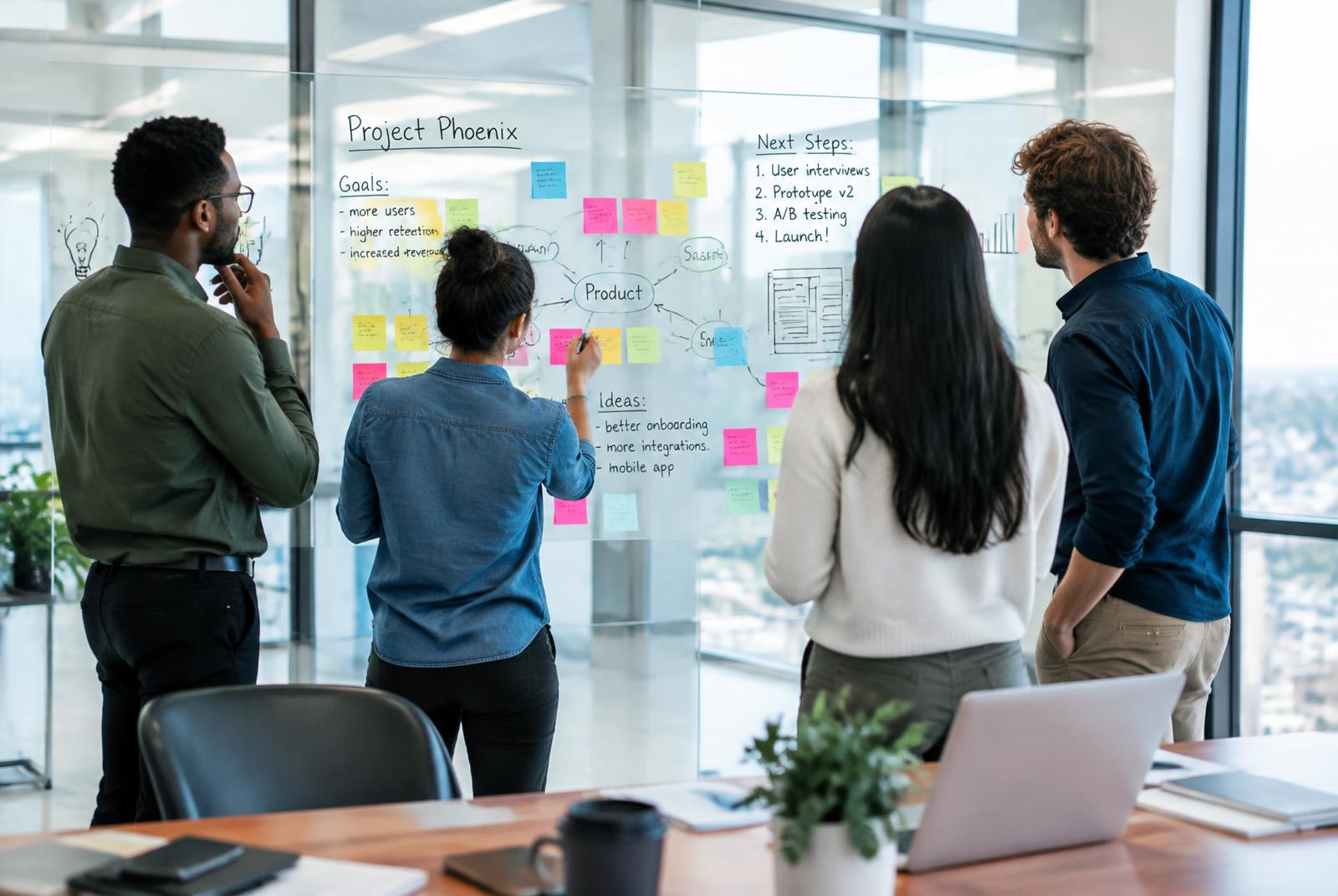 Team collaborates around a task board with sticky notes