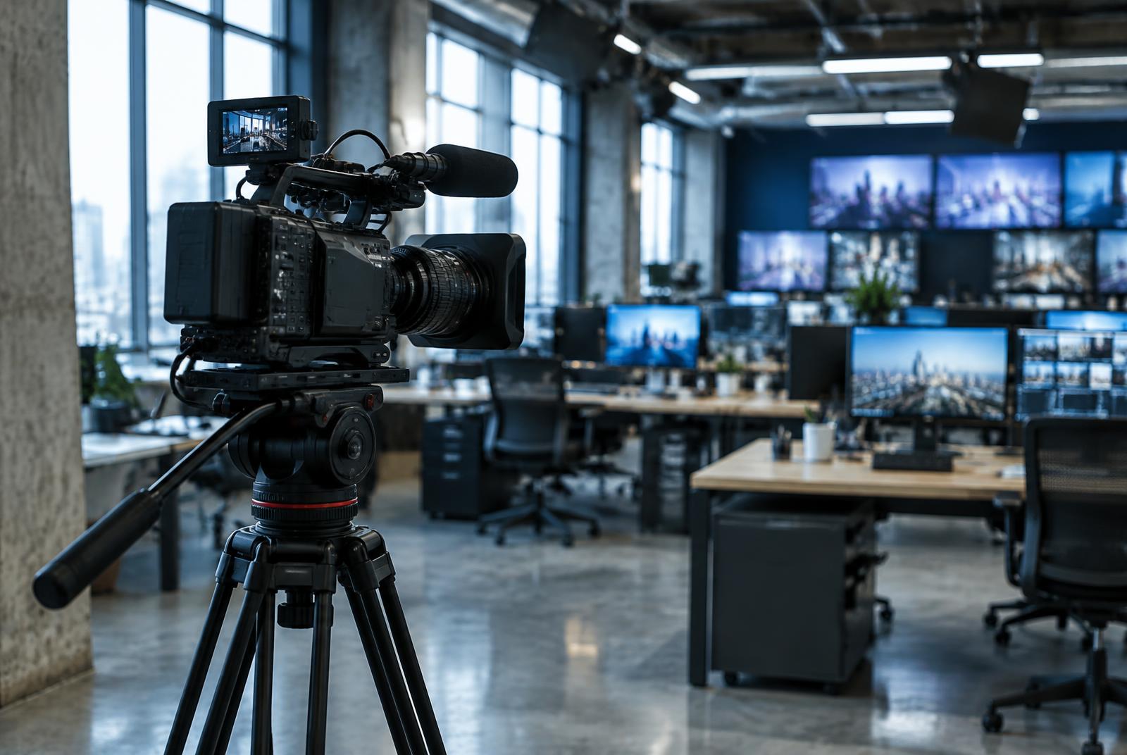 Professional camera in a content studio with a newsroom in the background