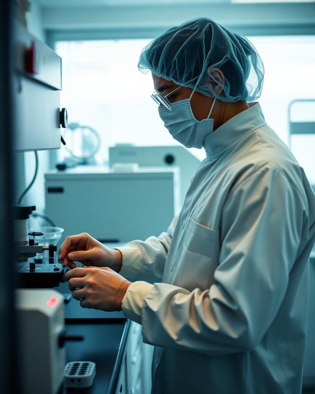 Laboratório de ciências da vida com profissional manipulando amostras