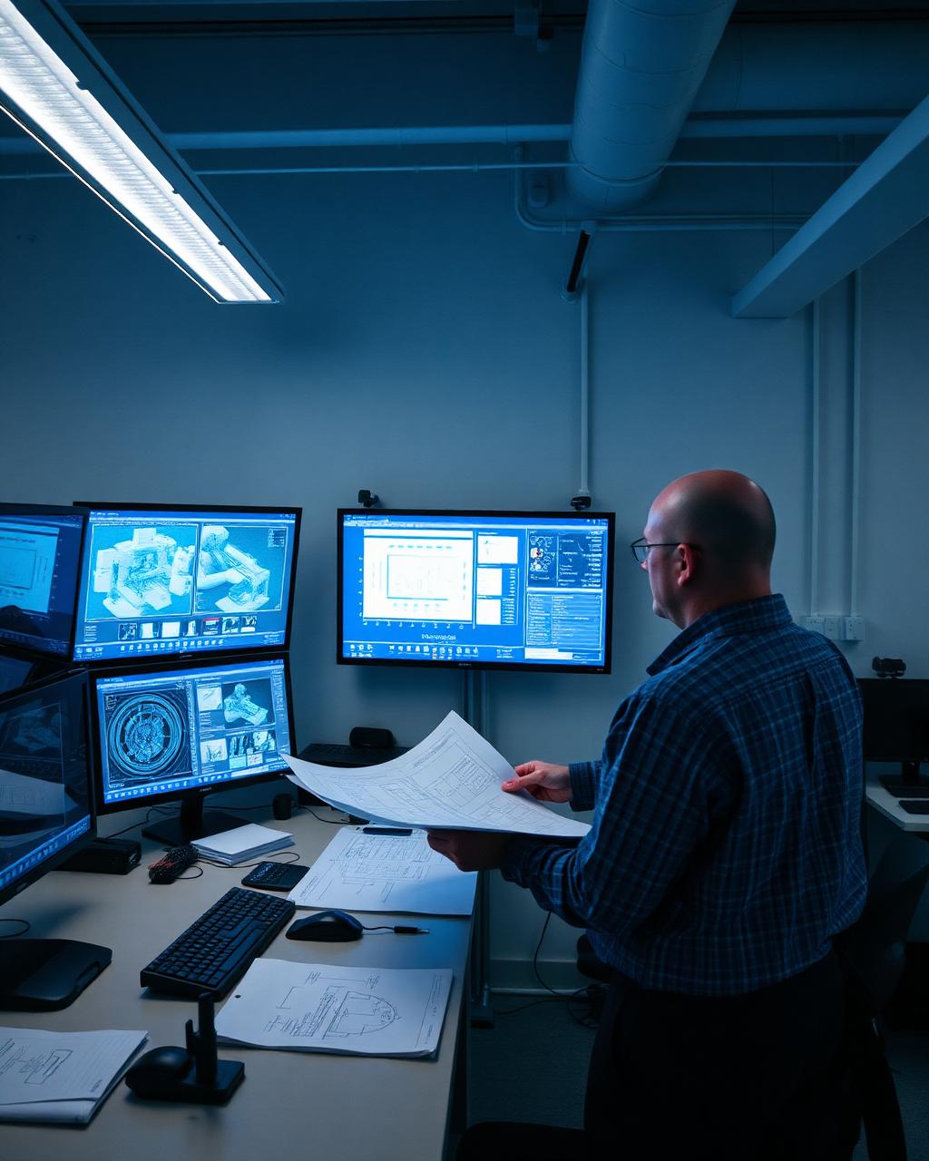 Engenheiros analisando um projeto em ambiente industrial