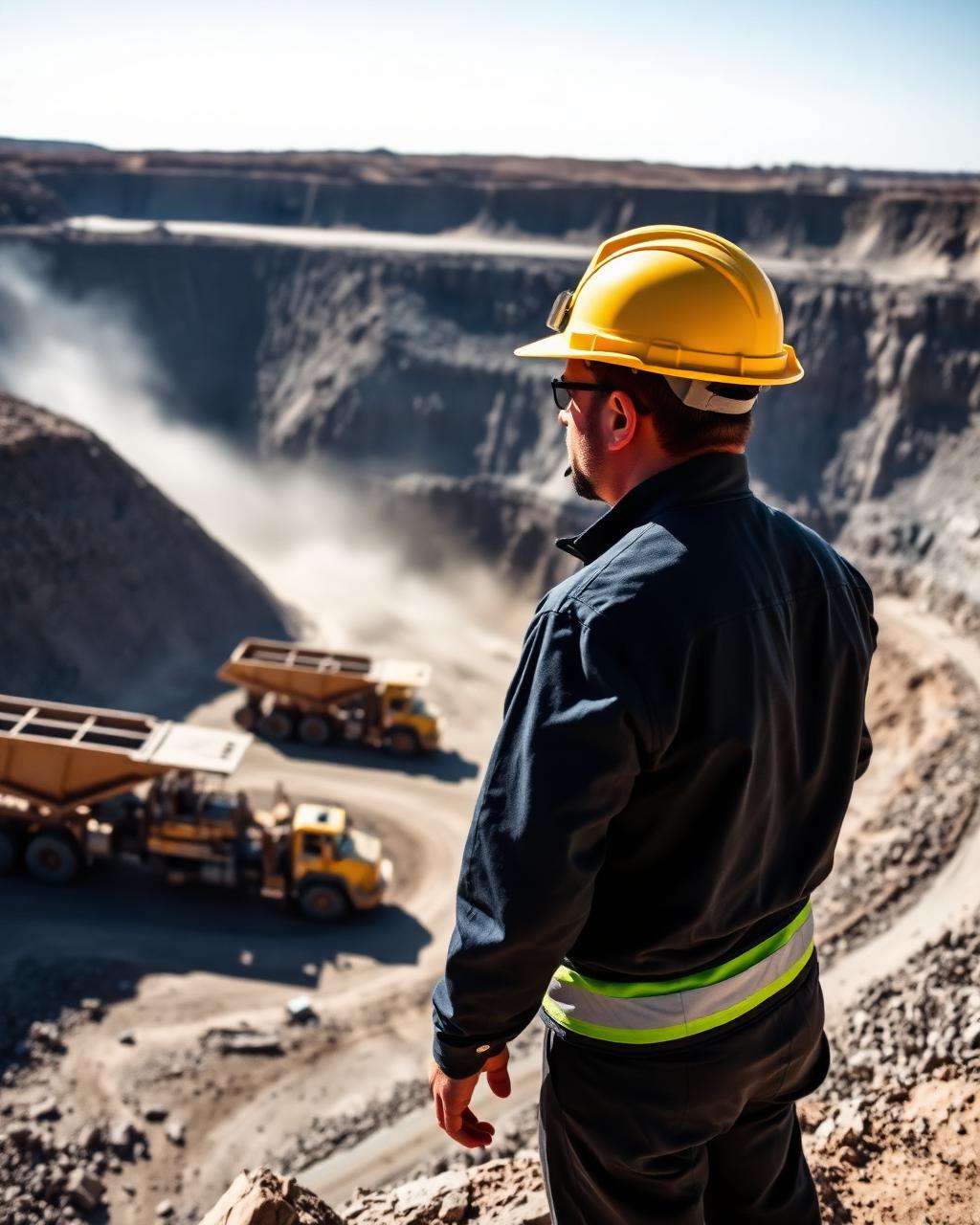 Engenheiro de mineração observando a operação de uma mina a céu aberto