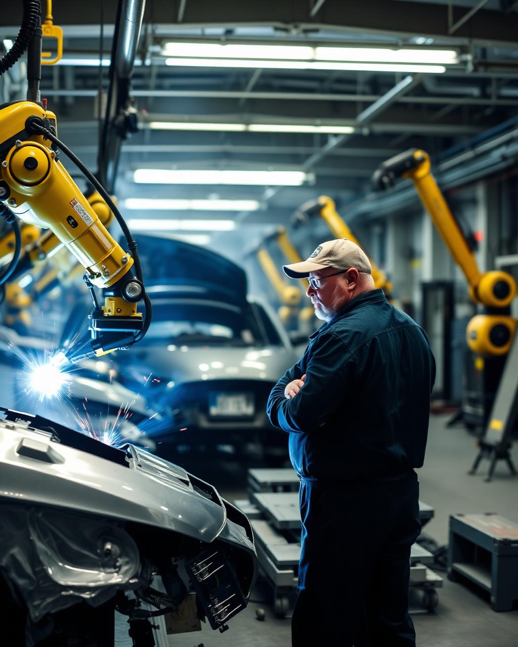 Robôs de solda em linha de montagem automotiva com técnico supervisionando
