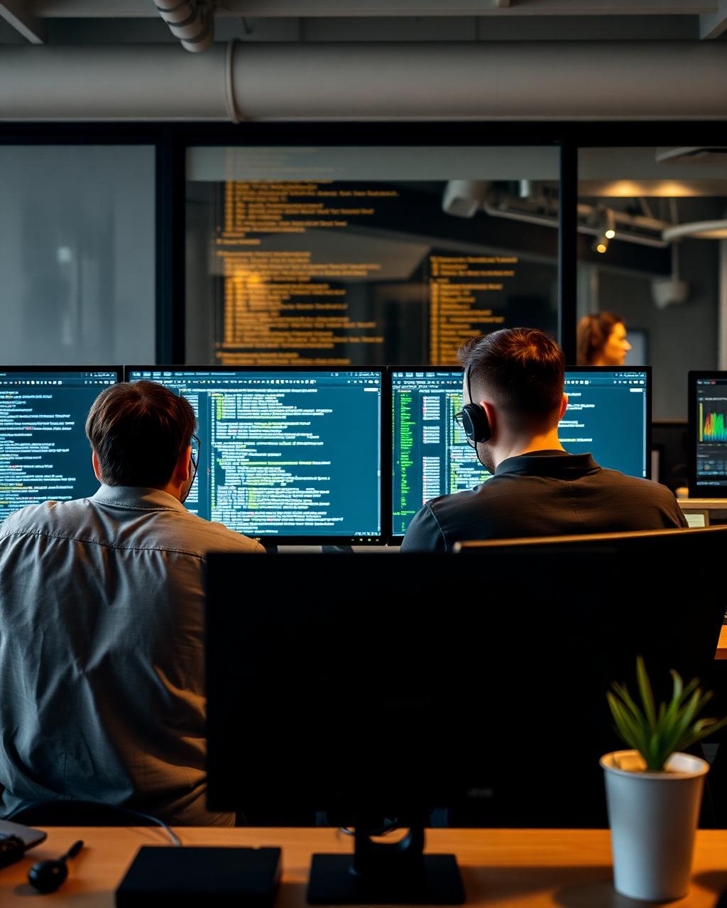Engenheiros de software trabalhando em código diante de múltiplos monitores