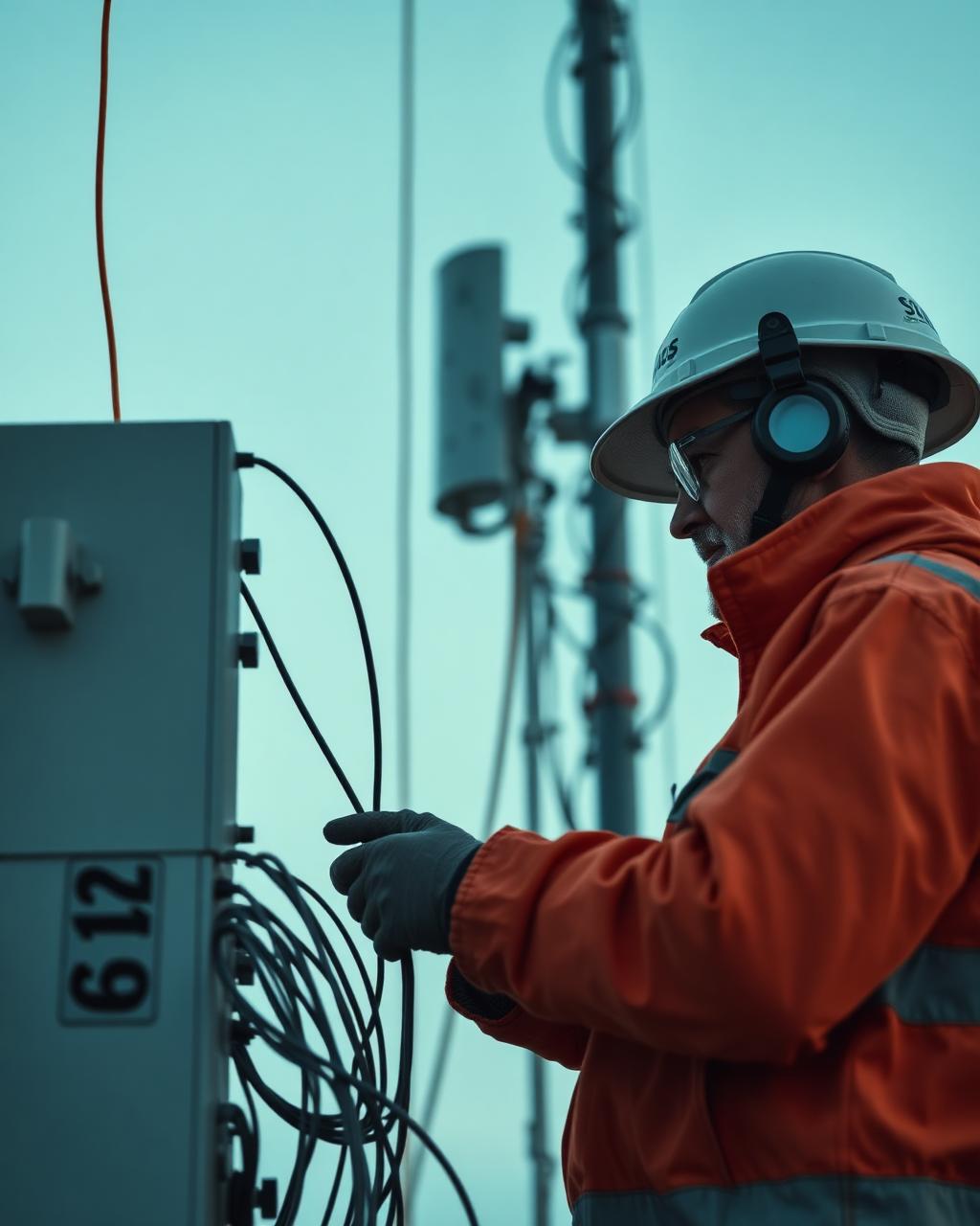Técnico de telecomunicações realizando manutenção em equipamento de rede