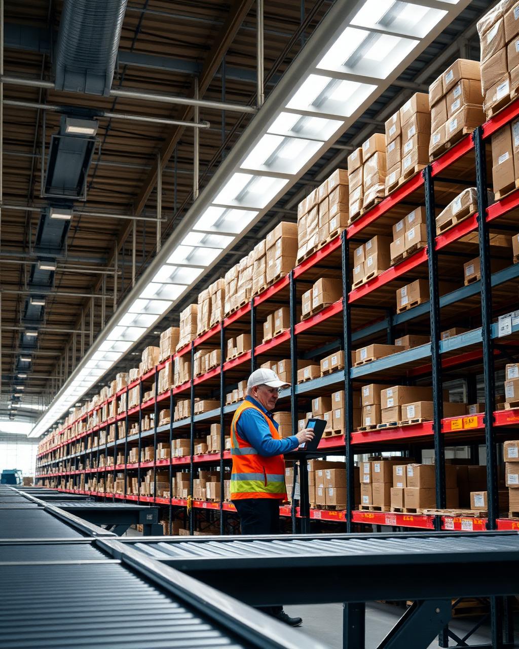 Centro de distribuição de varejo com esteiras e conferência de estoque