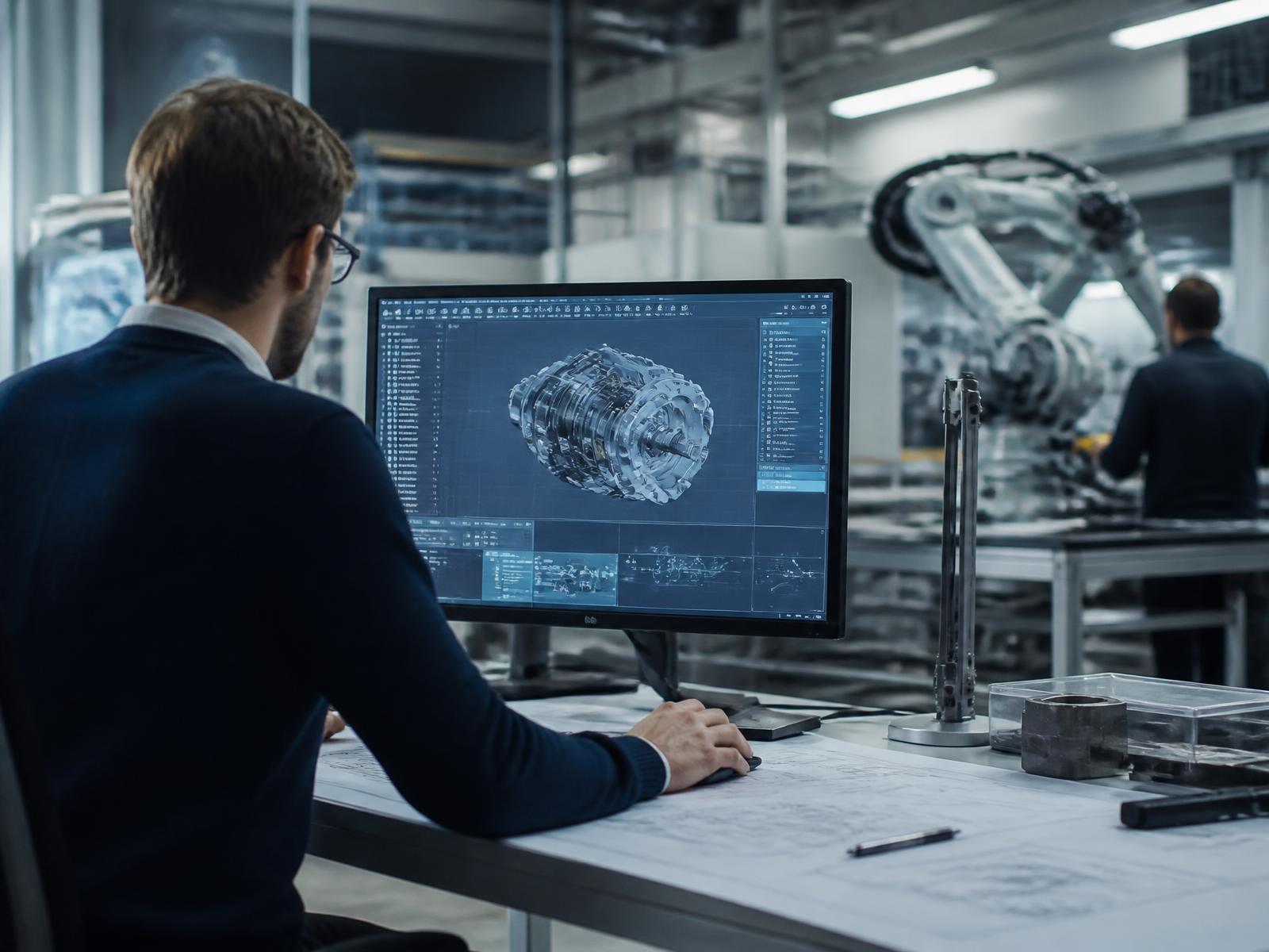 Estação de projeto com modelo 3D em CAD e braço robótico ao fundo da fábrica