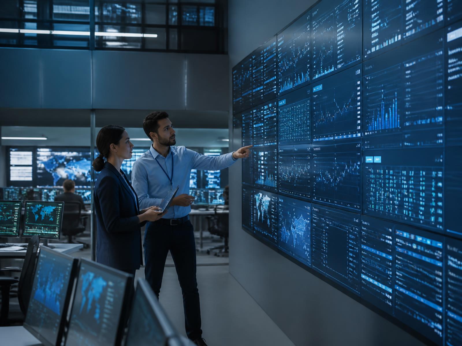 Dupla de especialistas analisando dashboards em uma sala de operações